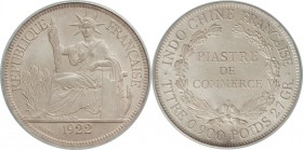 French Colony Piastre 1922-H MS64 PCGS, Heaton mint, KM5a.3, Lec-299. Stunningly matte and in no way lacking in detail, this near gem issue proves ful...