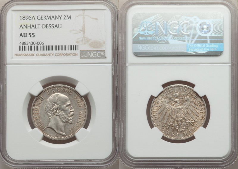 Anhalt-Dessau. Friedrich I 2 Mark 1896-A AU55 NGC, Berlin mint, KM23. Very scarc...