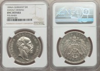 Anhalt-Dessau. Friedrich I 5 Mark 1896-A UNC Details (Polished) NGC, Berlin mint, KM24. Well-struck with protected areas of satin texture close to the...