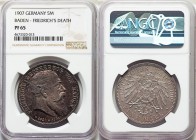 Baden. Friedrich I Proof 5 Mark 1907 PR65 NGC, KM279. Tied for the finest graded Proof striking of the type at NGC, a profuse, mottled iridescence col...