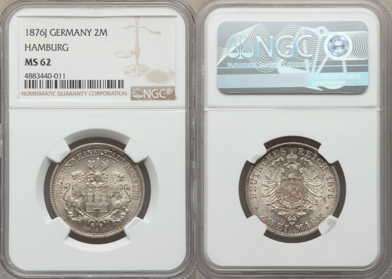 Hamburg. Free City 2 Mark 1876-J MS62 NGC, Hamburg mint, KM604, Jaeger-61. A fla...