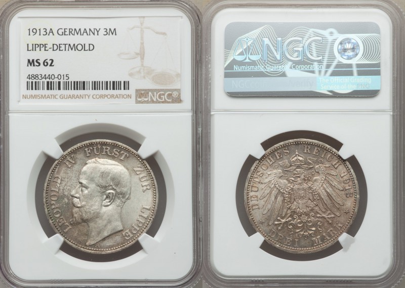 Lippe-Detmold. Leopold IV 3 Mark 1913-A MS62 NGC, Berlin mint, KM275. From the E...