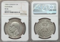Oldenburg. Friedrich August 5 Mark 1900-A VF35 NGC, Berlin mint, KM203. Lightly circulated with scattered marks, but still quite appealing for this tw...