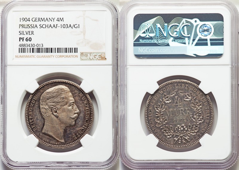 Prussia. Wilhelm II silver Proof Pattern 4 Mark 1904 PR60 NGC, Schaaf-103A/G1. A...