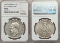 Schaumburg-Lippe. Albrecht Georg 5 Mark 1898-A AU55 NGC, Berlin mint, KM50. Only the lightest of wear evident. A bold and impressive portrait. From th...
