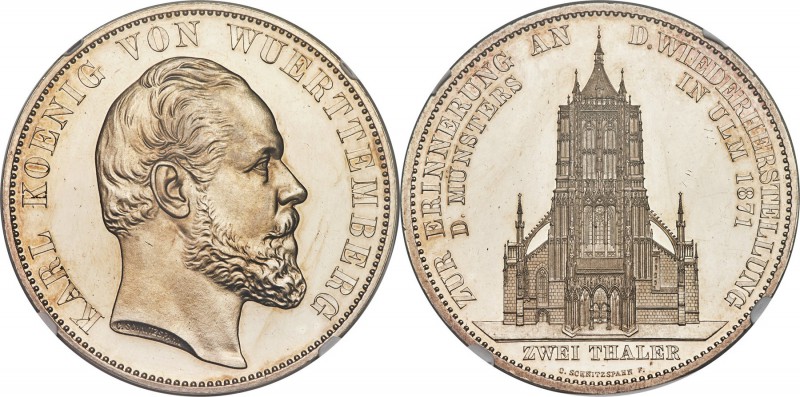 Württemberg. Karl I Proof "Ulm Cathedral" 2 Taler 1871 PR60 Cameo NGC, Stuttgart...