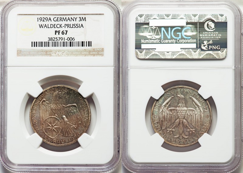 Weimar Republic Proof "Waldeck-Prussia" 3 Mark 1929-A PR67 NGC, Berlin mint, KM6...