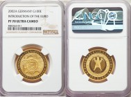Federal Republic gold Proof "Introduction of the Euro" 100 Euro 2002-A PR70 Ultra Cameo NGC, Berlin mint, KM220. Comes with mint case of issue and COA...
