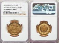 Federal Republic gold Proof "Introduction of the Euro" 100 Euro 2002-J PR70 Ultra Cameo NGC, Hamburg mint, KM220. Comes with case of issue and COA. AG...