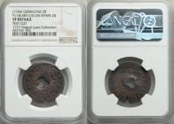 British Colony. Type I Countermarked 2 Bits ND (1761-1764) VF Details (Test Cut) NGC, KM3 (under Martinique). Displaying heart-shaped punch in the cen...