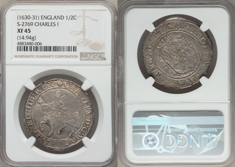 Charles I 1/2 Crown ND (1630-1631) XF45 NGC, Tower mint, Plume mm, KM116.1, S-27...