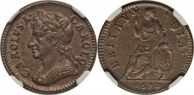 Charles II Farthing 1672 MS63 Brown NGC, KM436.1. Choice, with attractive brown toning and strikingly high relief to the devices, as well as an incred...