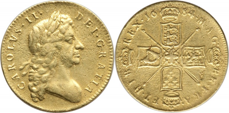 Charles II gold 5 Guineas 1684 Fine (cleaned, ex-jewelry, sweated), KM444.1, S-3...