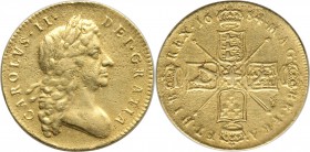 Charles II gold 5 Guineas 1684 Fine (cleaned, ex-jewelry, sweated), KM444.1, S-3331. 37mm. 38.90gm. TRICESIMO SEXTO edge. The largest denomination of ...