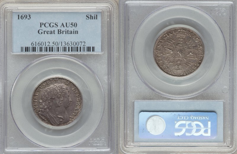 William & Mary Shilling 1693 AU50 PCGS, KM480. A scarcely offered denomination, ...