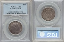 William & Mary Shilling 1693 AU50 PCGS, KM480. A scarcely offered denomination, particularly at this level, rather strong facial features on William a...