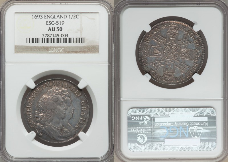 William & Mary 1/2 Crown 1693 AU50 NGC, KM477, S-3436. Collectible type with med...