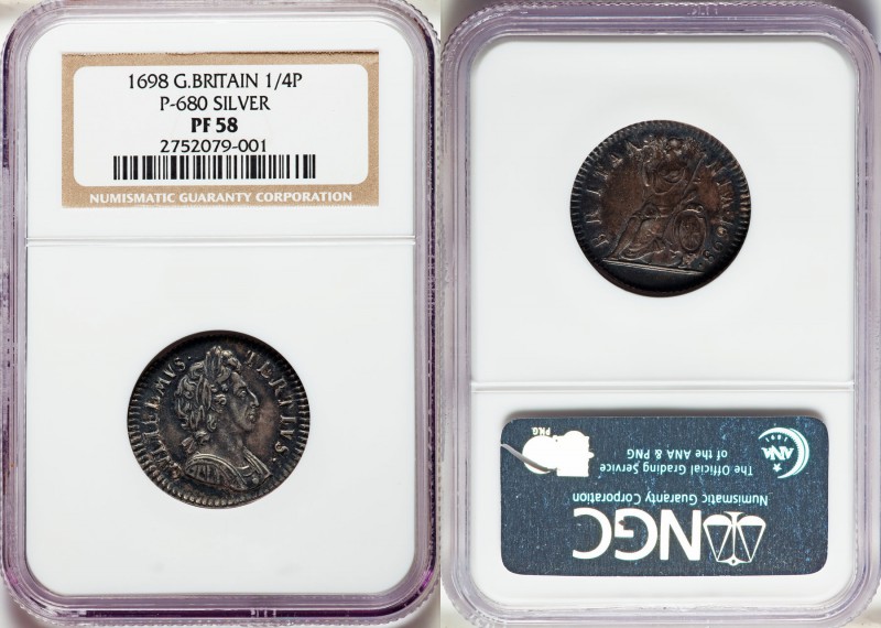 William III silver Proof Pattern Farthing 1698 PR58 NGC, KM-Unl., Peck-680. A ra...