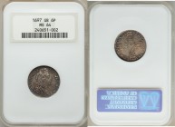 William III 6 Pence 1697 MS64 NGC, KM496.1, S-3538. Scintillating with maroon and tangerine accents, tiny flow lines at the lettering producing a radi...