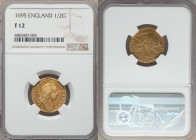 William III gold 1/2 Guinea 1695 F12 NGC, KM487.1. A fleeting gold emission from William's reign, still bold in the legends and told a soft rose-gold....