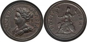 Anne copper Pattern Farthing 1714 AU50 Brown NGC, KM537, Peck-741. A popular pattern made especially enticing as no circulation farthings were produce...