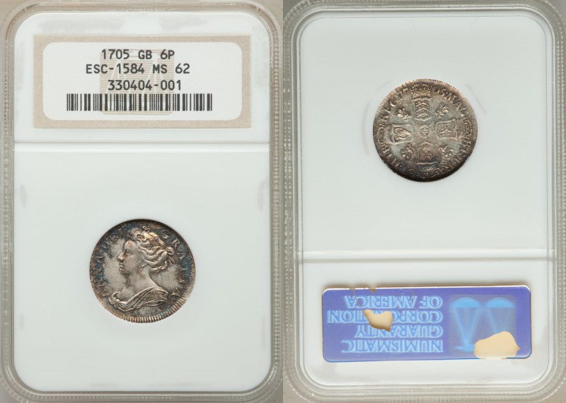 Anne 6 Pence 1705 MS62 NGC, KM516.5, ESC-1448 (prev. 1584). Outranked by only a ...