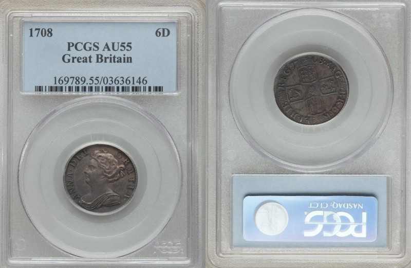 Anne 6 Pence 1708 AU55 PCGS, KM522.1. Ashen with relatively contained spots of w...
