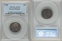 Anne 6 Pence 1708 AU55 PCGS, KM522.1. Ashen with relatively contained spots of weakness and a very nice bust of the queen. From the Lake County Collec...