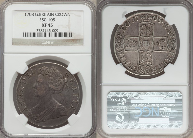 Anne Crown 1708 XF45 NGC, KM526.3. Well-struck for the issue and with a distinct...