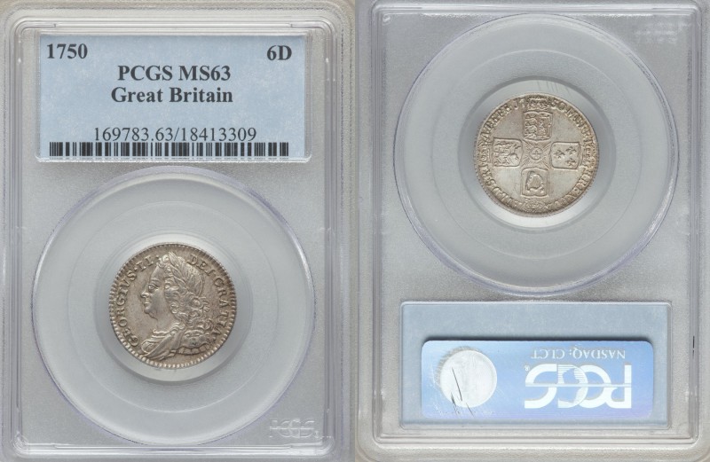 George II 6 Pence 1750 MS63 PCGS, KM582.2. Highly choice, pearl-white luster nes...