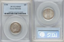 George II 6 Pence 1750 MS63 PCGS, KM582.2. Highly choice, pearl-white luster nestling comfortable amidst flow lines between the legends and rims, and ...