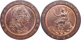 George III "Cartwheel" 2 Pence 1797-SOHO MS64 Red and Brown NGC, KM619, S-3776. A charming large-size copper piece with a dark chocolate toned planche...