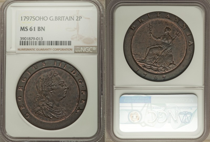 George III "Cartwheel" 2 Pence 1797-SOHO MS61 Brown NGC, Soho mint, KM619, S-377...