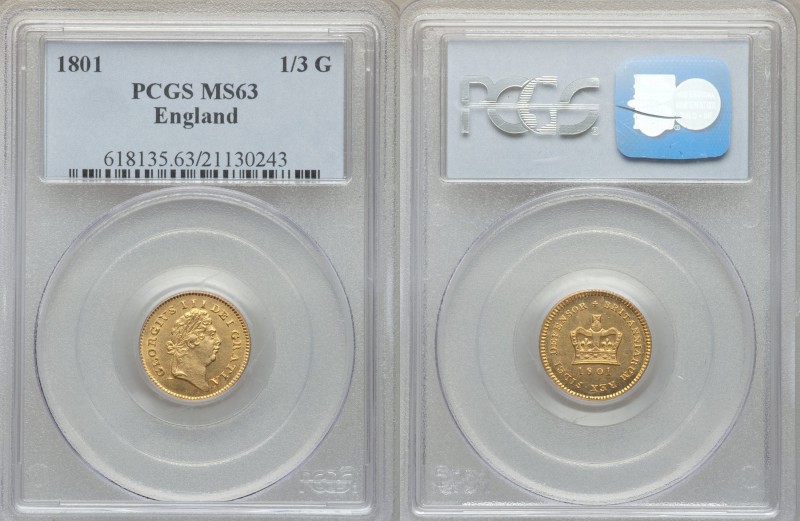 George III gold 1/3 Guinea 1801 MS63 PCGS, KM648, S-3739. Produced during the Na...