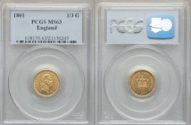 George III gold 1/3 Guinea 1801 MS63 PCGS, KM648, S-3739. Produced during the Napoleonic Wars in response to a shortage of smaller denomination coinag...