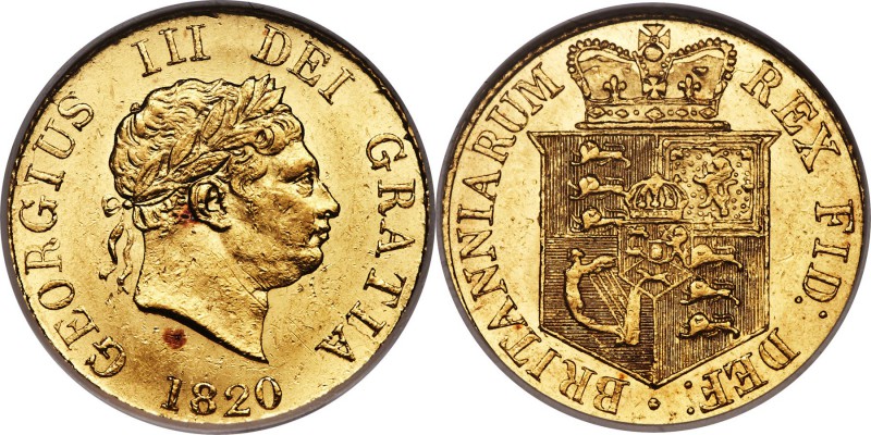 George III gold 1/2 Sovereign 1820 MS60 NGC, KM673, S-3786. Peppered with bagmar...