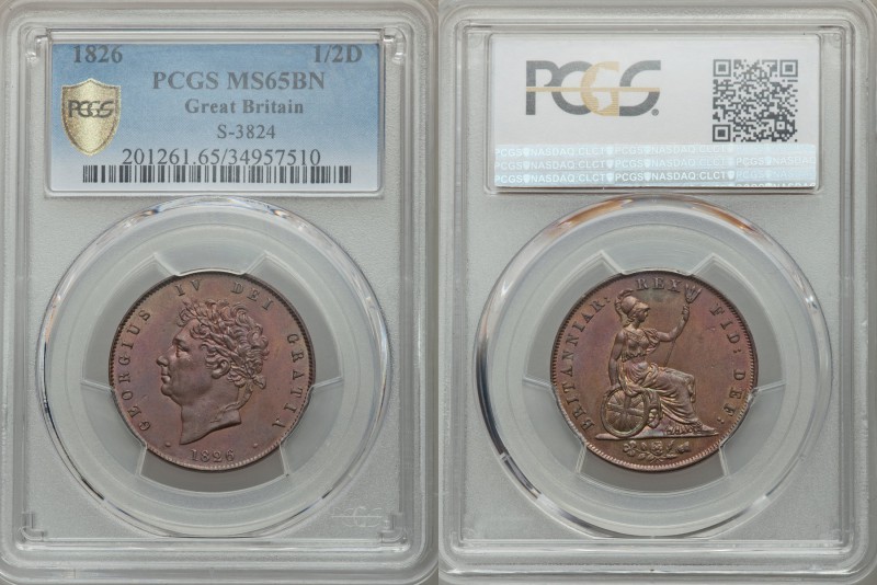 George IV 1/2 Penny 1826 MS65 Brown PCGS, KM692, S-3824. Exceptionally mark-free...