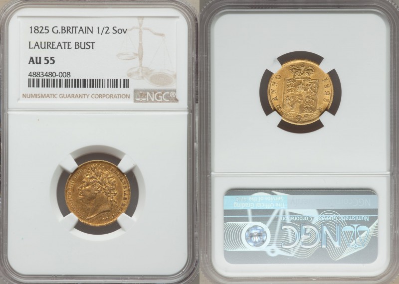 George IV gold 1/2 Sovereign 1825 AU55 NGC, KM689, S-3803. Laureate bust type. T...