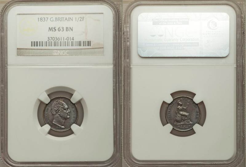 William IV 1/2 Farthing 1837 MS63 Brown NGC, KM724, S-3849. An absolutely stunni...