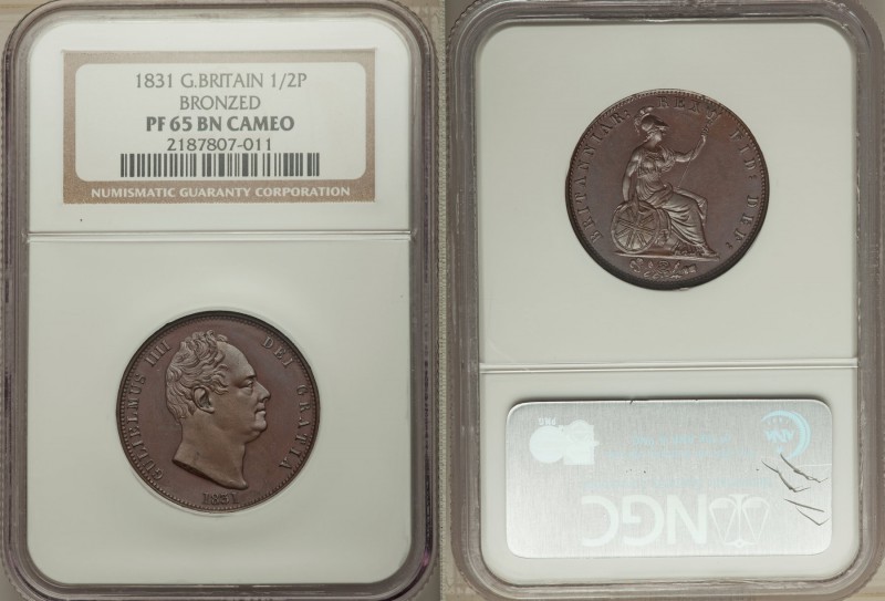 William IV bronzed Proof 1/2 Penny 1831 PR65 Brown Cameo NGC, KM706a, S-3847. Ra...