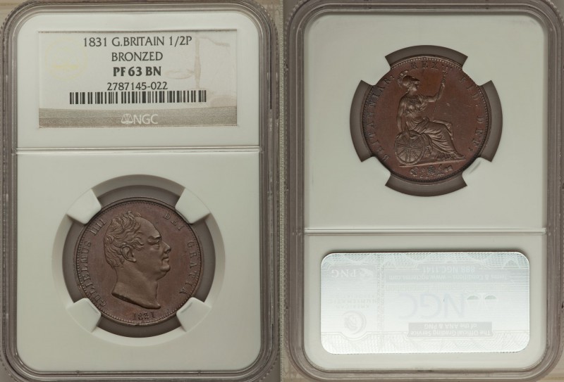 William IV bronzed Proof 1/2 Penny 1831 PR63 Brown NGC, KM706a, S-3847. The sing...