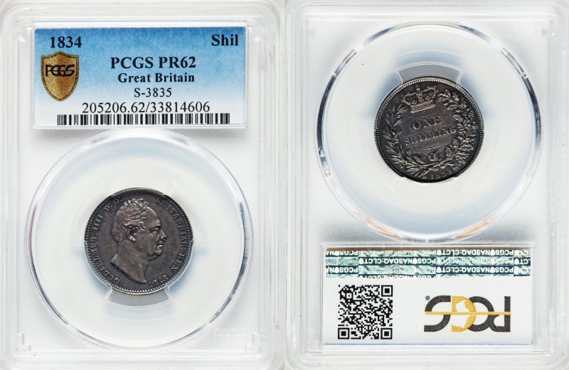 William IV Proof Shilling 1834 PR62 PCGS, KM713, S-3835. Milled edge. A type sel...