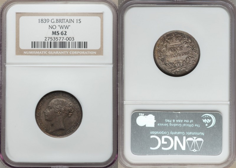 Victoria Shilling 1839 MS62 NGC, KM734.1, S-3904. Variety without WW on truncati...