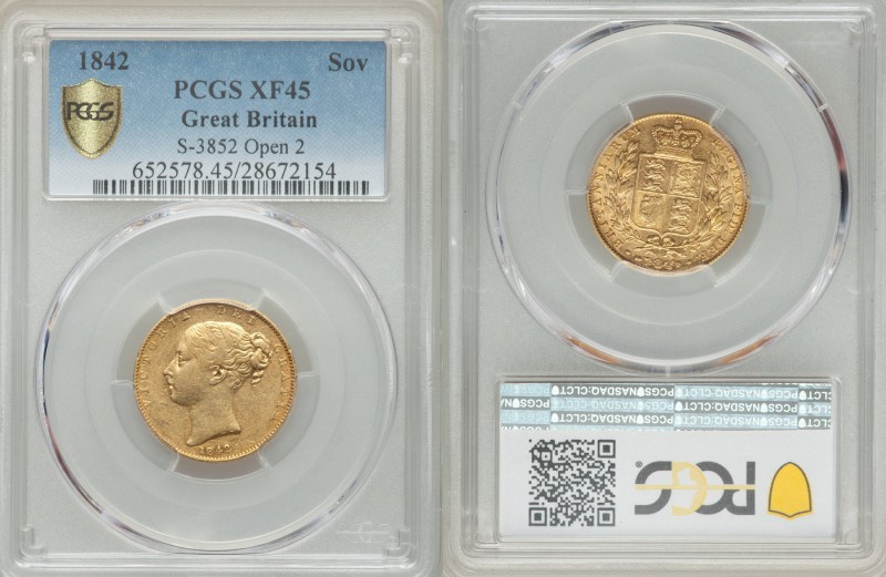 Victoria gold Sovereign 1842 XF45 PCGS, KM736.1, S-3852. Open 2 variety. An elus...