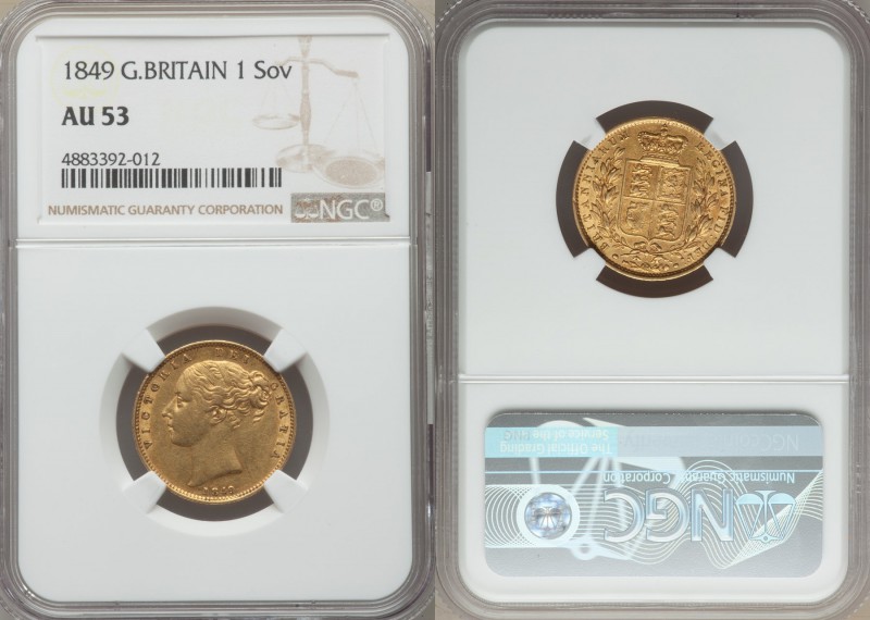 Victoria gold Sovereign 1849 AU53 NGC, KM736.1. From the Lake County Collection
...