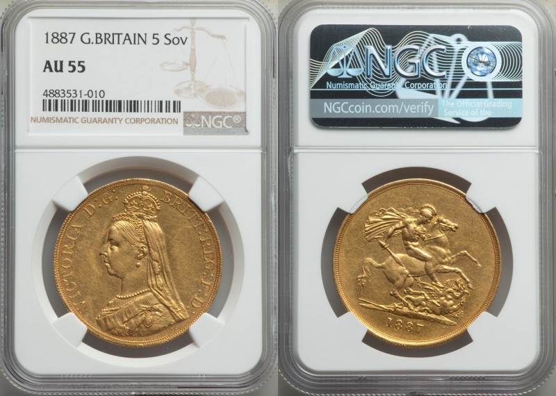 Victoria gold 5 Pounds 1887 AU55 NGC, KM769, S-3864. 

HID09801242017