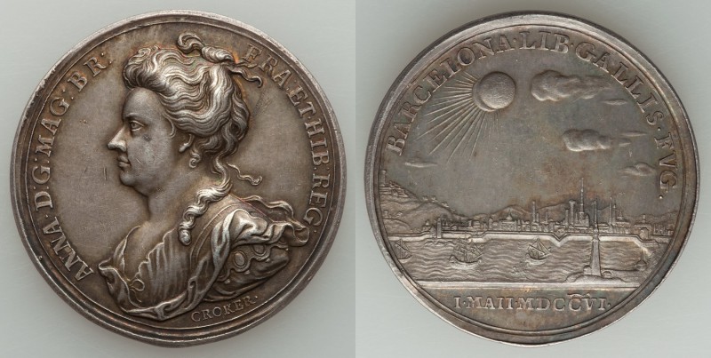 Anne Pair of silver Medals 1706 AU, 1) "Barcelona Relieved", Eimer-418 2) "Battl...