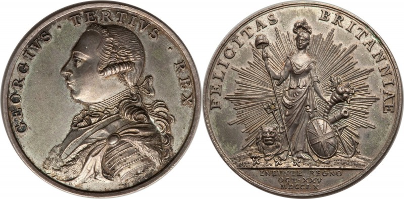 George III silver Accession Medal 1760 UNC, Eimer-683. By T. Pingo. A rare type,...