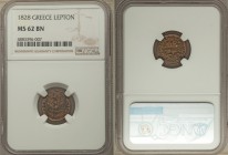 John Kapodistrias Lepton 1828 MS62 Brown NGC, KM1. Phoenix in solid circle variety. Exhibits die rust around the devices. A rare first year issue of a...