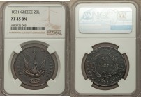 John Kapodistrias 20 Lepta 1831 XF45 Brown NGC, KM11. Dark brown hues with a boldly defined eagle on the obverse. Several thin die breaks noted on the...
